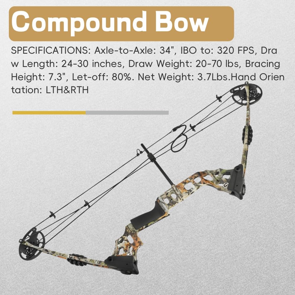 Set arco compound Archery 20-70 LBS pronto all'uso (RTH) - Lunghezza di trazione 24“-30”, 320 FPS per la caccia e il tiro al bersaglio con tutti gli accessori