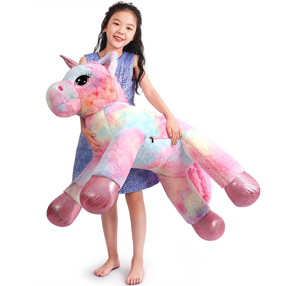 Peluche Licorne Géante 110cm Peluche Douce pour Filles Coussinet Moelleux pour Anniversaire Noël et Saint-Valentin Rose Tie-Dye