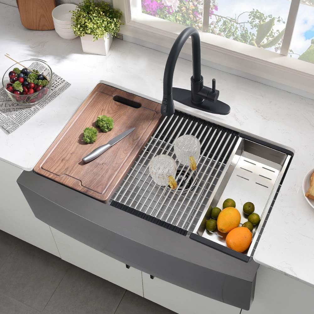 33 Inch Black Farmhouse Sink Workstation-Hovheir 33x21 Farmhouse Kitchen Sink Black Stainless Steel Apron Front 16 Gauge Single Bowl Deep Kitchen Farm Sink with Cutting Board