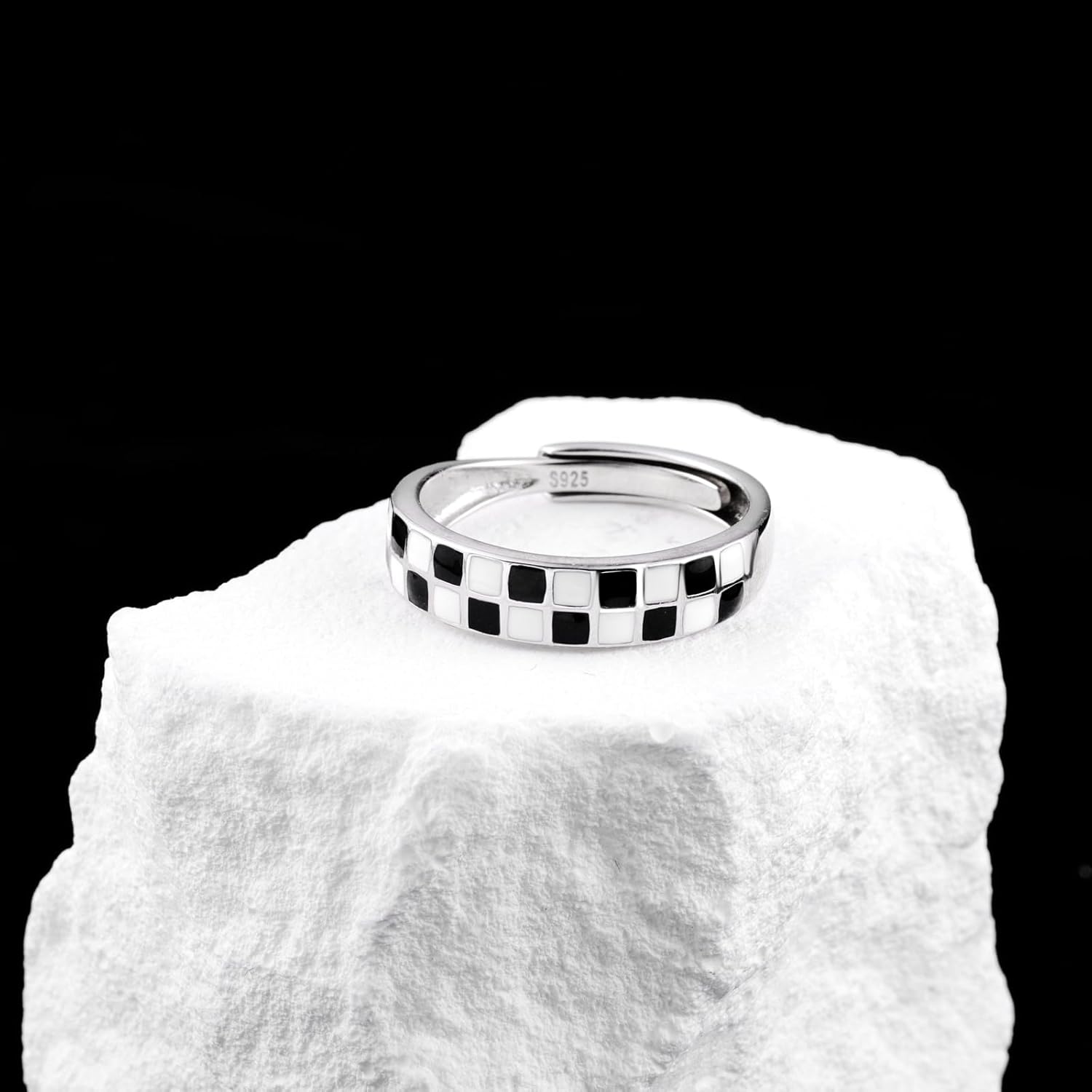Checkerboard Adjustable Rings for Women - 925 Sterling Silver International Chess Rings Fashion Chessboard Ring Dainty Racing Flag Jewelry Gifts for Racer Black and White Ring for Women Men - Image 3