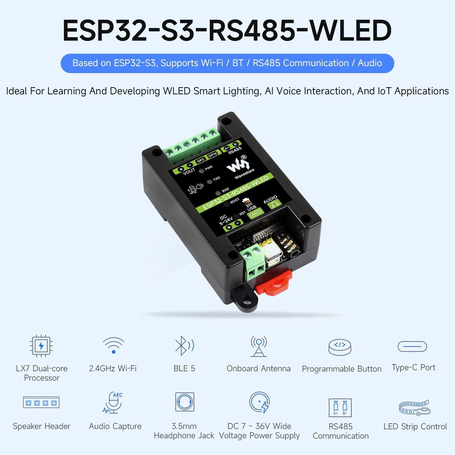 Waveshare ESP32-S3 RS485 Development Board, LX7 240MHz Dual-Core Processor