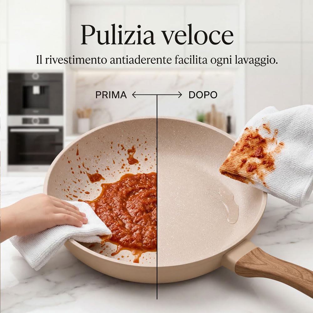 081 Store - Set 3 Padelle Antiaderenti 20, 24 e 28 cm, Padelle per Induzione, Gas e Tutti i Piani Cottura, Rivestimento Effetto Granito, Alluminio Forgiato, Senza PFOA, Manici Ergonomici Effetto Legno