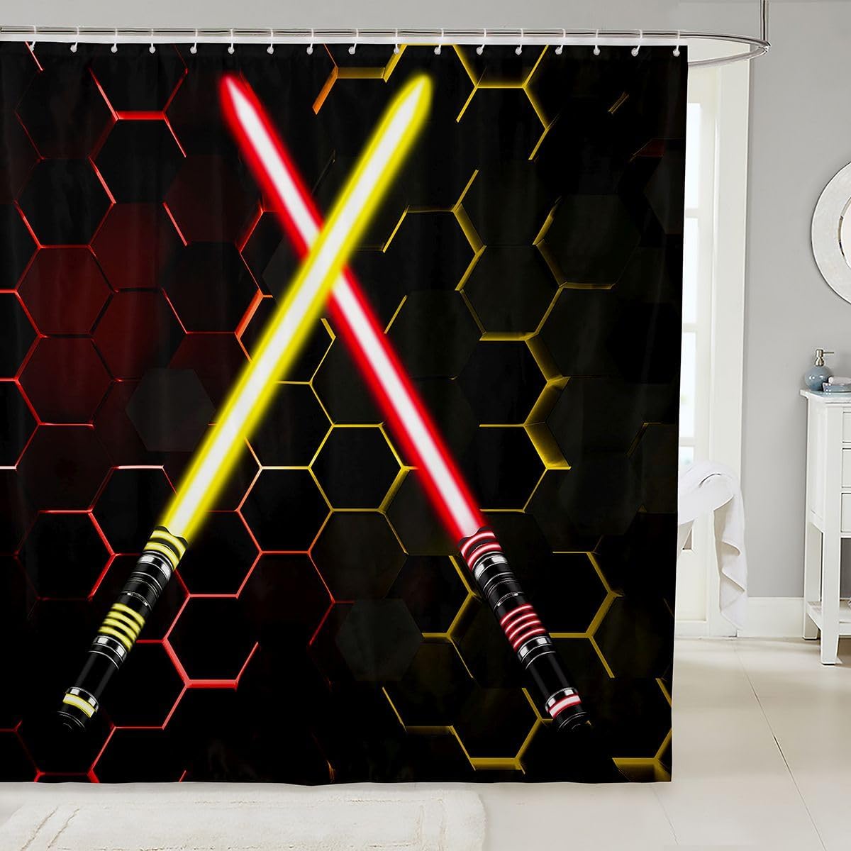 Castle Fairy Lightsaber 3D Neon Blue Red Bathroom Curtain, Geometric Sun Moon Round Waterproof for Kids Boys Girls Teens Room Decor Fashion Vintage Stone Wall Curtain, Black, 72" Wx78 L