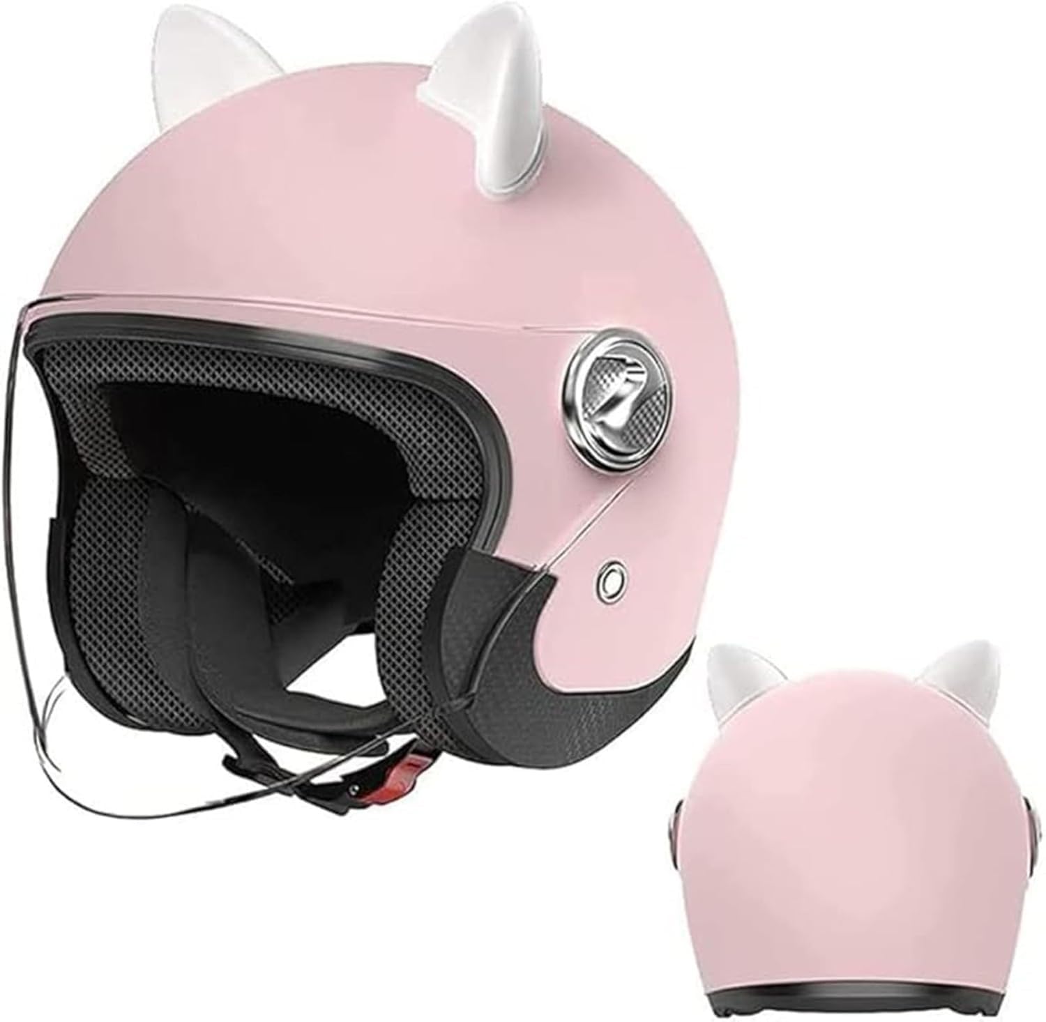 ECE/DOT-geprüfter 3/4-Open-Face-Retro-Motorradhelm – mit rosa Katzenohren und Sonnenblende, Halbgesichtshelm für Kinder, Jugendliche, Männer und Frauen A,50-64cm