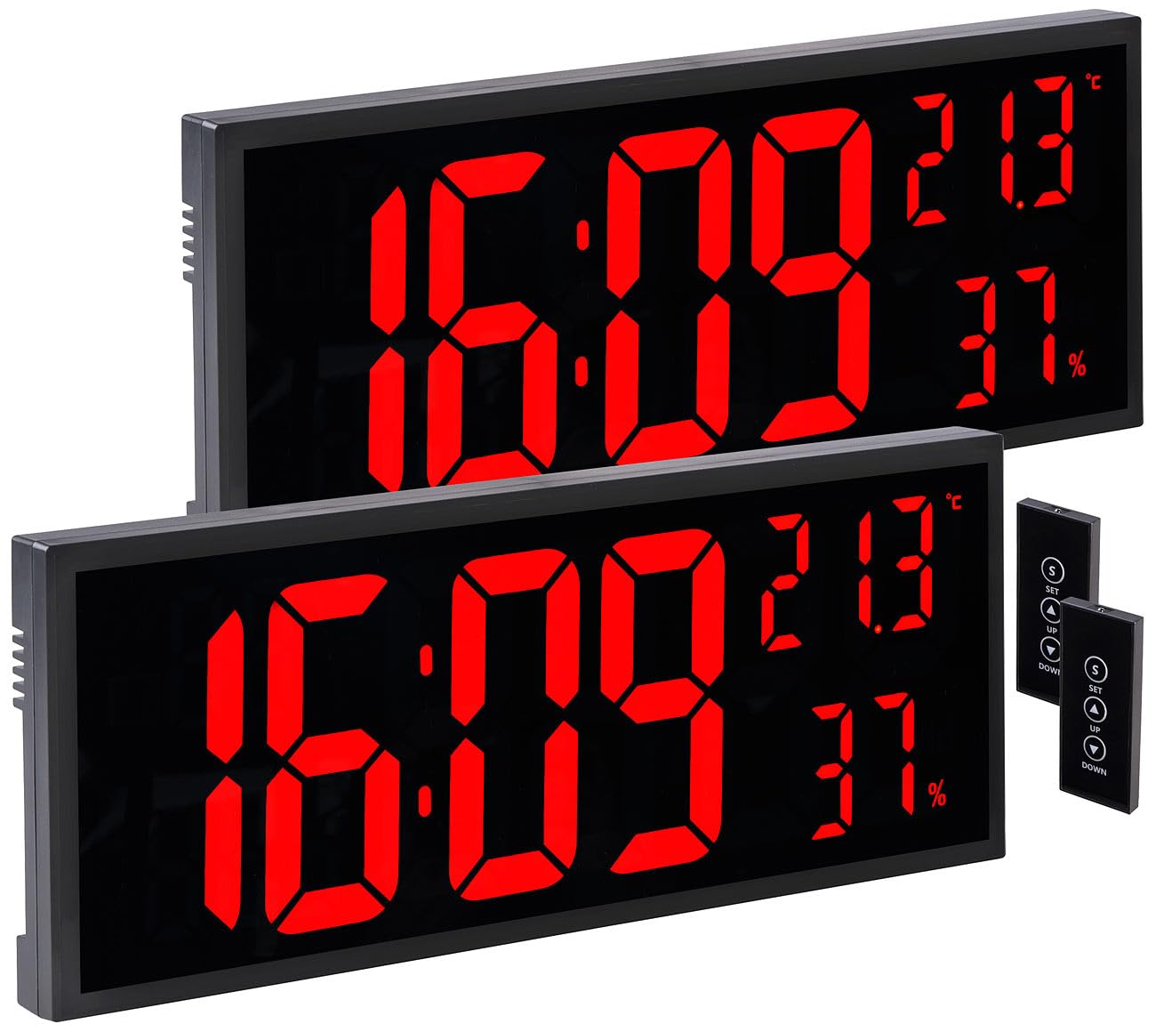 Lunartec Digital Wecker: 2er-Set LED-Wand- & Tischuhren, Jumbo-Uhrzeit, FB, Hygro-/Thermometer (Hygrometer Digital, LED Uhr)