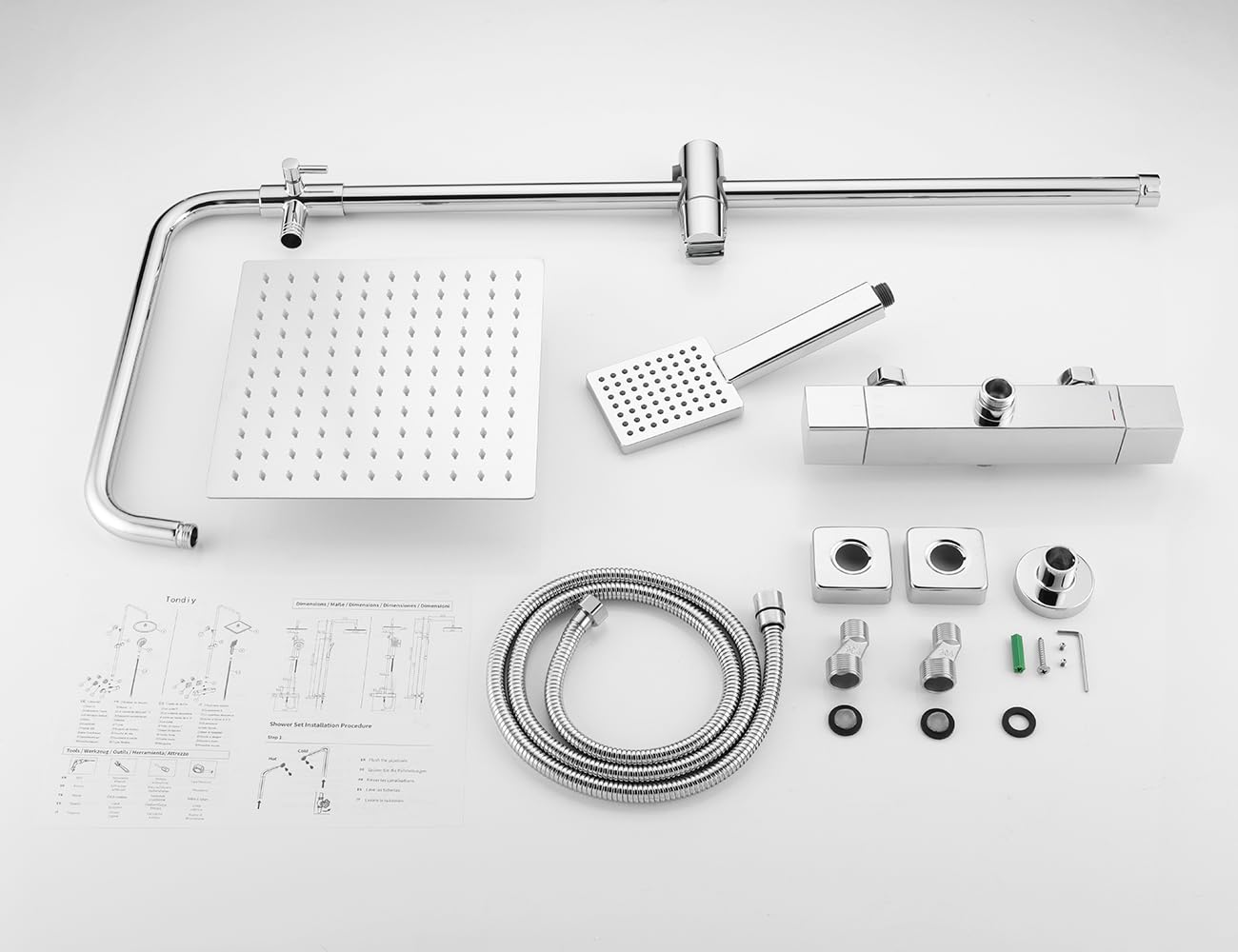 Columna Ducha Termostática 38 ℃, Sistema de Ducha Barra | Altura Ajustable 845-1180 mm, Ducha de Lluvia Cuadrada con Grifo, Acero Inoxidable 304, Fácil Instalación