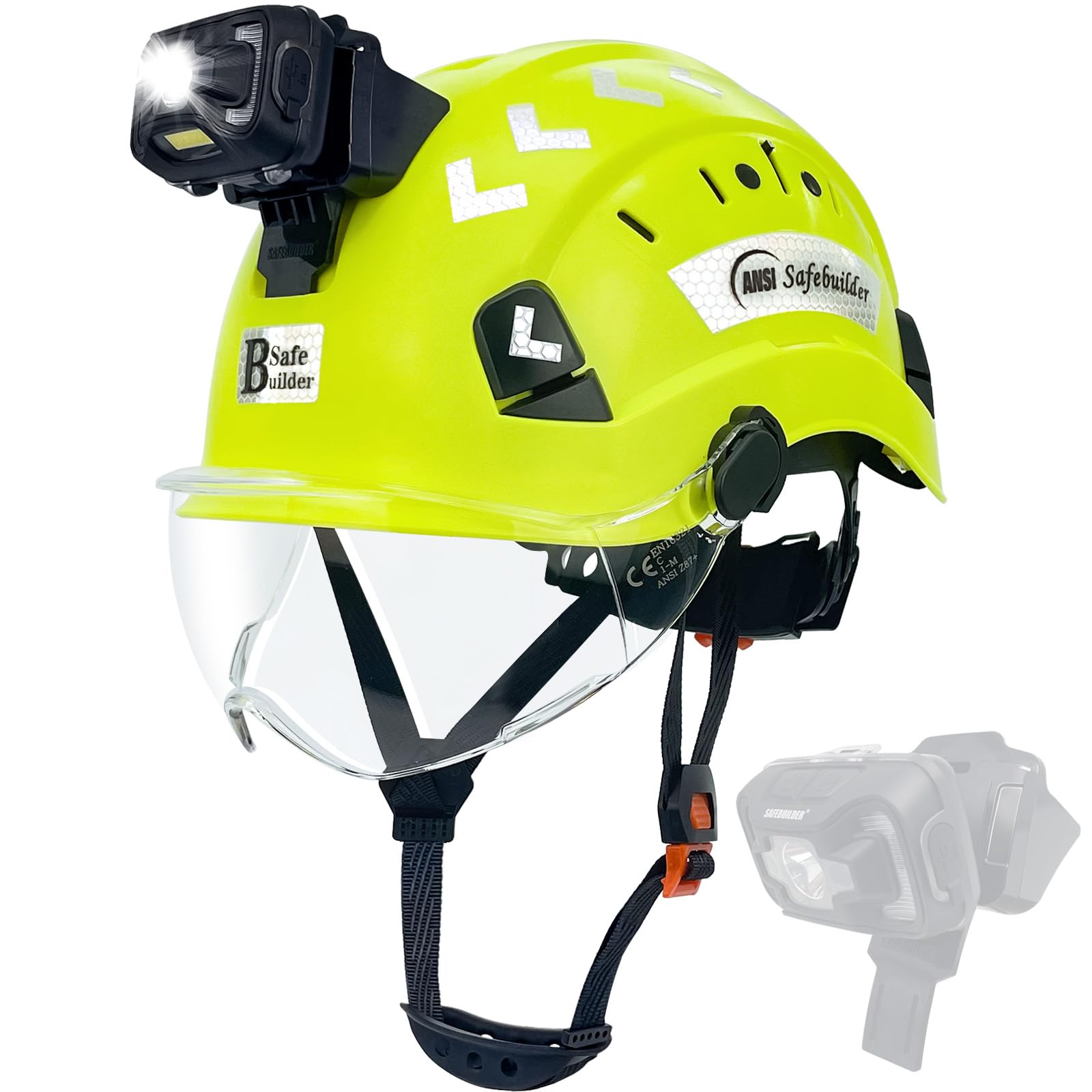 SAFEBUILDER Casque de sécurité avec phare, casque de sécurité avec visière, lampe frontale rechargeable pour homme, travail, industrie, construction, foresterie
