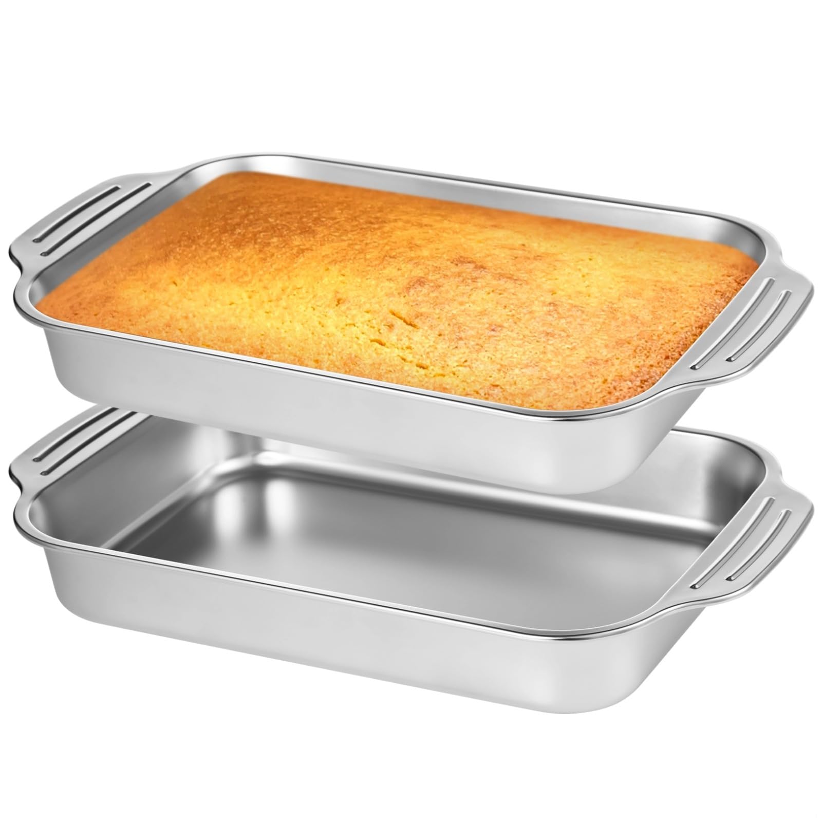 Set of 2 Rectangular Stainless Steel Cake Baking Pans with Double Handles, Non-Stick Bakeware for Breads, Meats, and More
