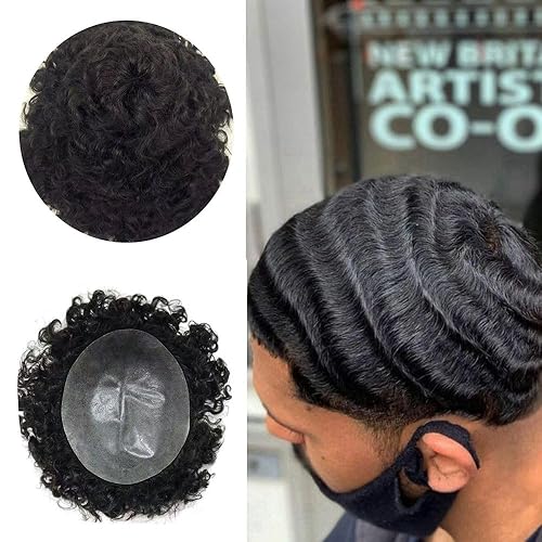 Afro Toupee para hombres negros, sistema de tejido de pelo completo Poly PU sistema de reemplazo de cabello afroamericano unidades de cabello para