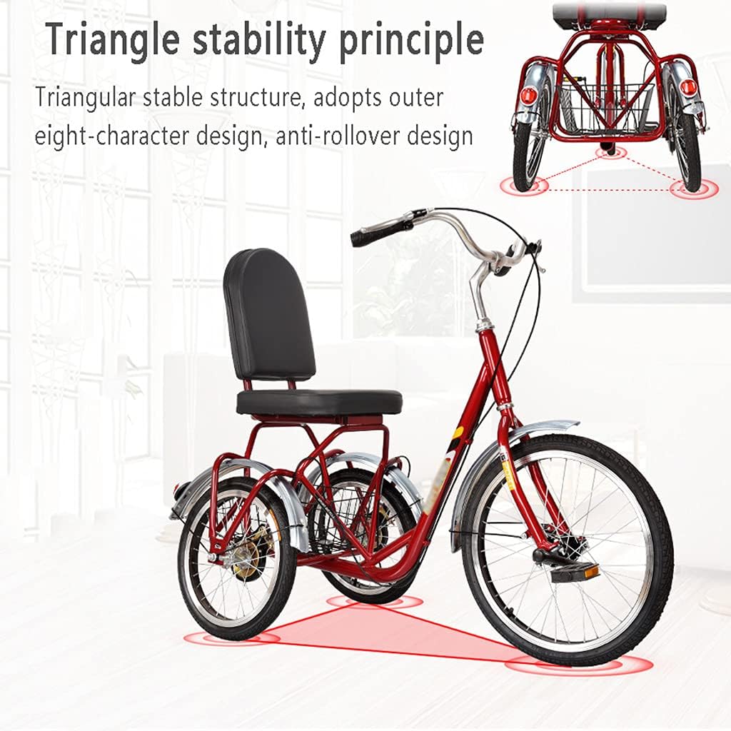 Three Wheel Bike Adult Tricycle Outdoor Sports Three Wheel Cruiser Bike High Carbon Steel Frame 3 Wheel Bikes with Seat Backrest Basket for Seniors Women Men Cycling Pedalling