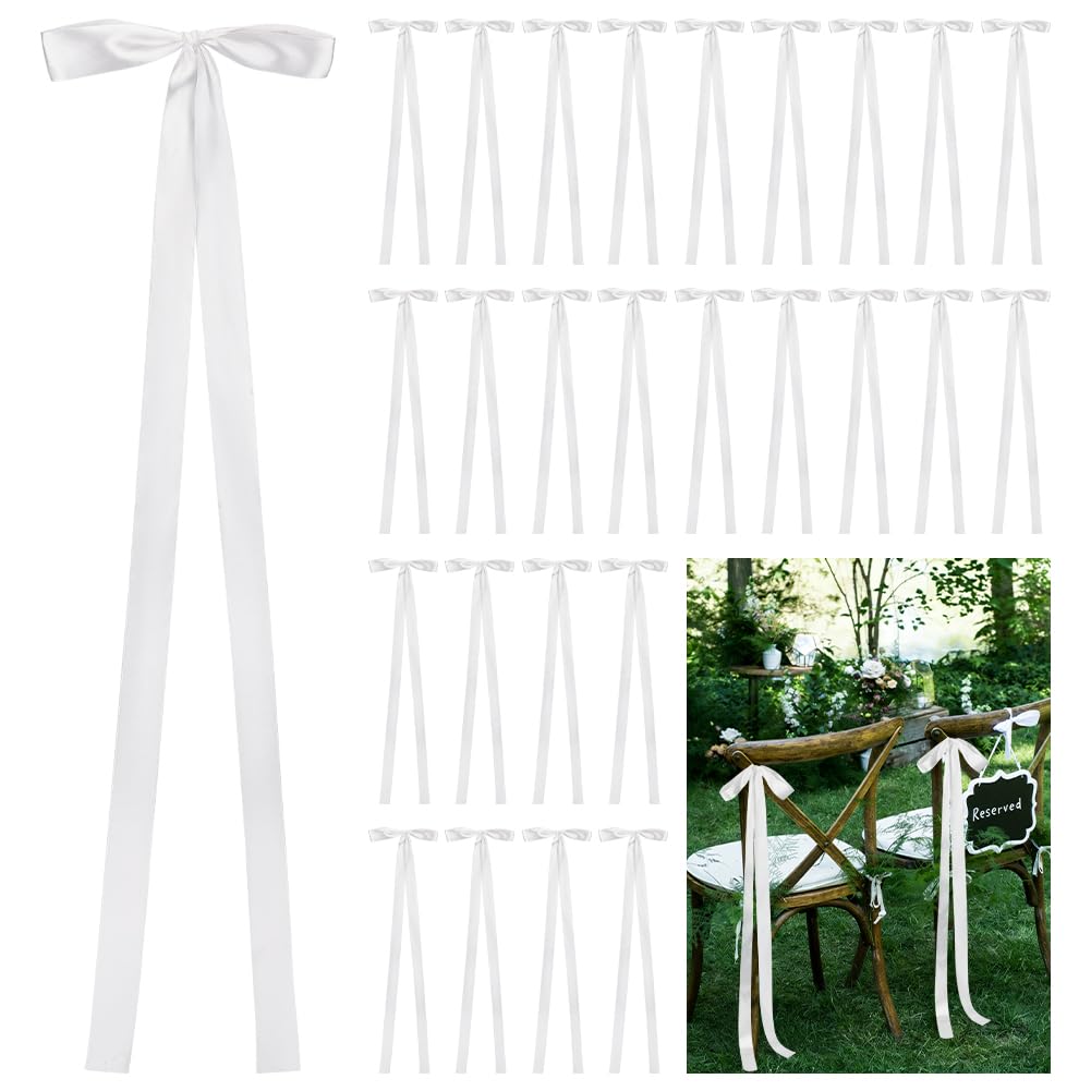 UNICRAFTALE 30sets White Polyester Bowknot Chair Straps Mini Fabric Satin Ribbon Elegant Ceremony Ribbons Large Wedding Ribbon Bows with Long Tails for Sewing Wedding Birthday Party 103x24cm