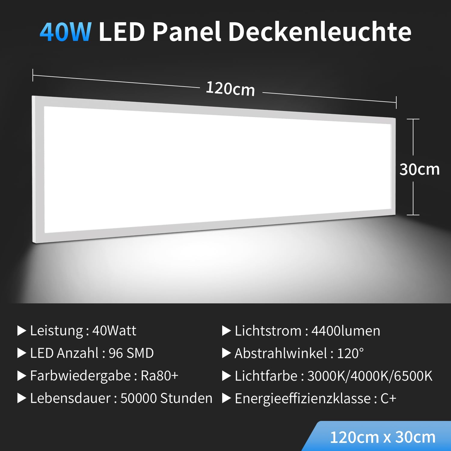 LED Panel Deckenleuchte 120x30cm - 40W 4400lm - Dimmbar, 3000K/4000K/6500K Einstellbar Farbtemperatur, Flimmerfrei - Deckenlampe mit Fernbedienung, Nachtlicht - Ideal für Büro, Wohnzimmer, Werkstatt