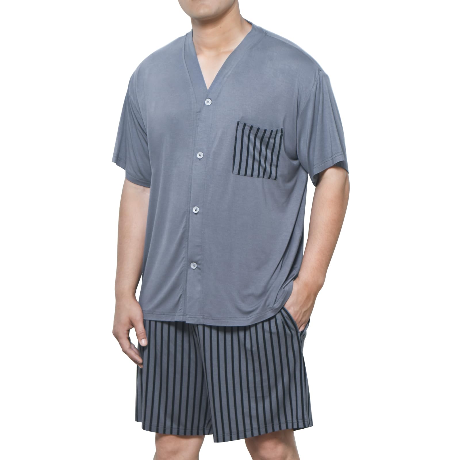 Donfri Pigiama da Uomo in Modal con Pantaloncini e Maglietta da Uomo, Morbido Abbigliamento da casa con Scollo a V con Chiusura a Bottoni, Abbigliamento Estivo da Notte