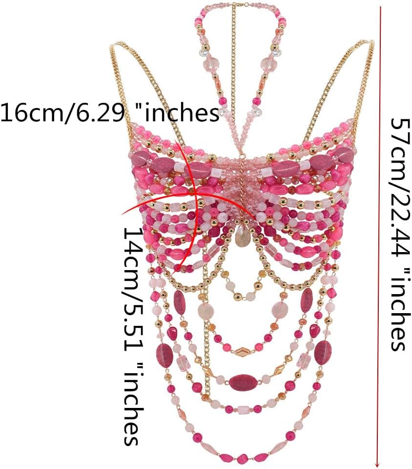 Women's Layered Beaded Halter Bikini Top Sleeveless Backless Beach Cover Up Tops Bra Body Chain Handmade Accessories