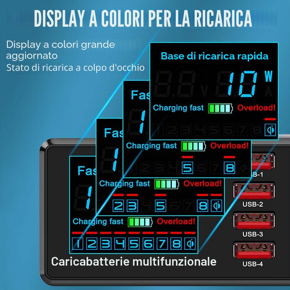 Caricatore Wireless Stazione Ricarica USB Multipla 100W 8 Porte Base di Ricarica LCD Schermo USB Docking Station con Una QC 3.0 e Un 18W PD Caricatore USB per iPhone iPad Samsung Huawei