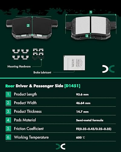 Miniatura 5 de Kit de pastillas de cerámica, D958 D1451 SCITOO 8 piezas de pastillas de freno delanteras y traseras para Honda para Accord 2011-2017
