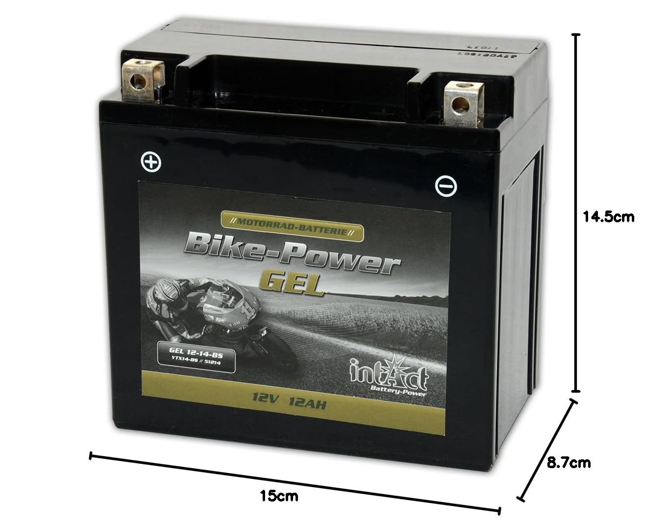 intAct - Bike-Power GEL12-14-BS, CTX14-BS, 51214, Batería de moto 12V 12Ah 250A (EN), Batería de gel de moto sin mantenimiento con un 30% más de potencia de arranque, para scooter, moto, quad