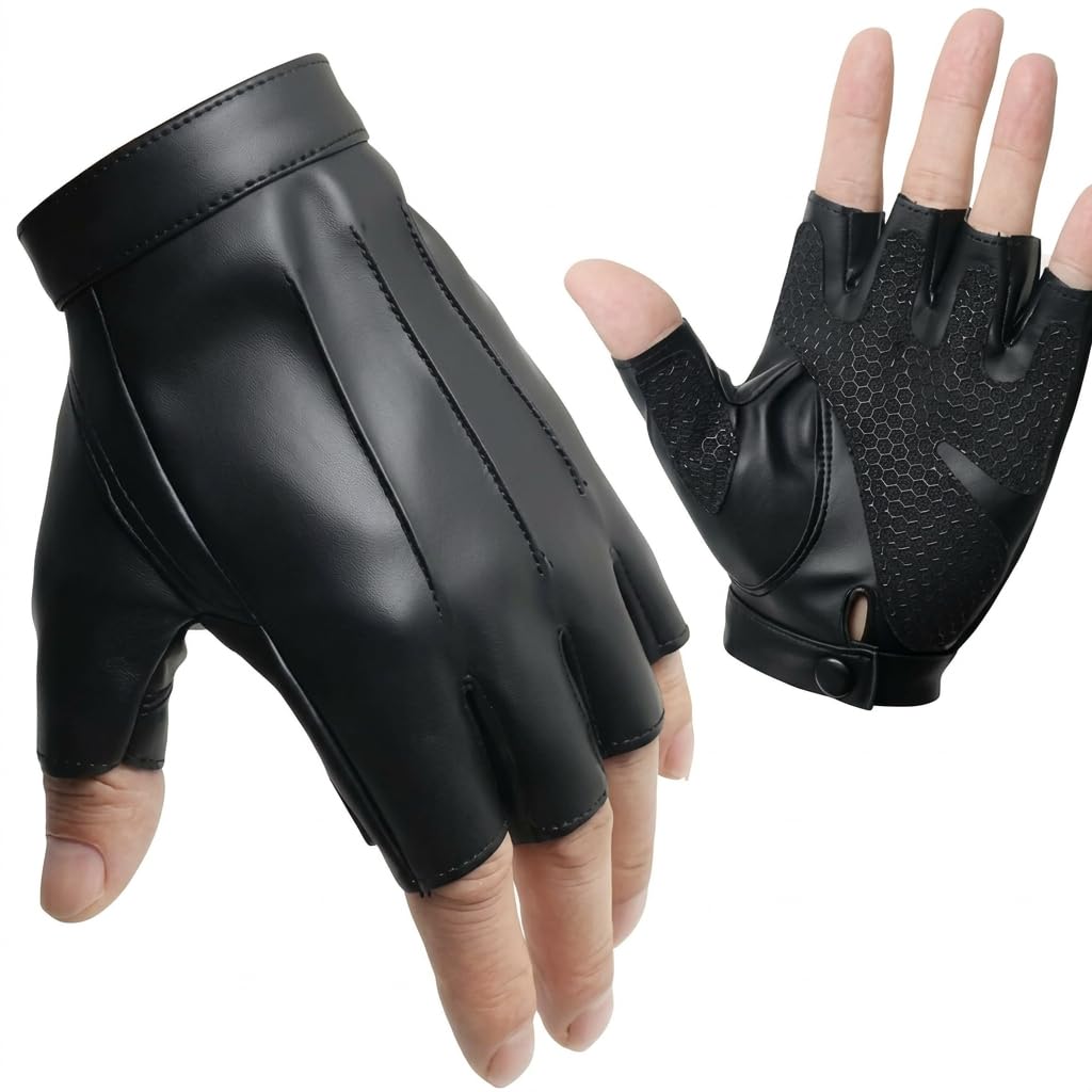 Gants Demi-Doigts en Cuir PU Noir Homme Femme Mitaines Sport Respirantes Conduite Cyclisme Entrainement Paume Antiderapante Taille M
