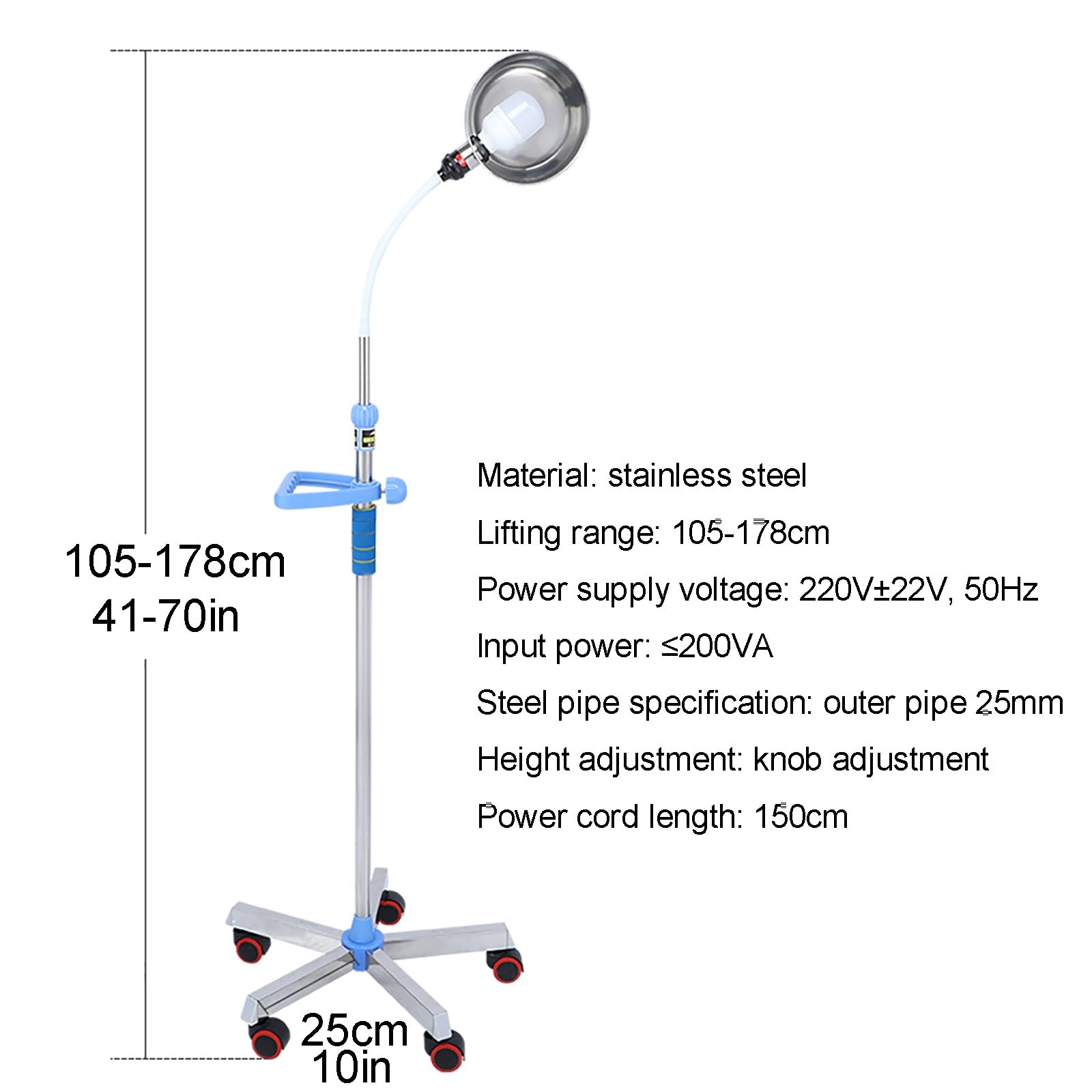 Lámpara de Examen Médico LED, Lámpara Quirúrgica Dental de Pie de Tipo Móvil con Altura Ajustable, Lámpara Quirúrgica de Pie de Tipo Mascota con Ángulo Ajustable de 360°, Base Móvil y Ruedas
