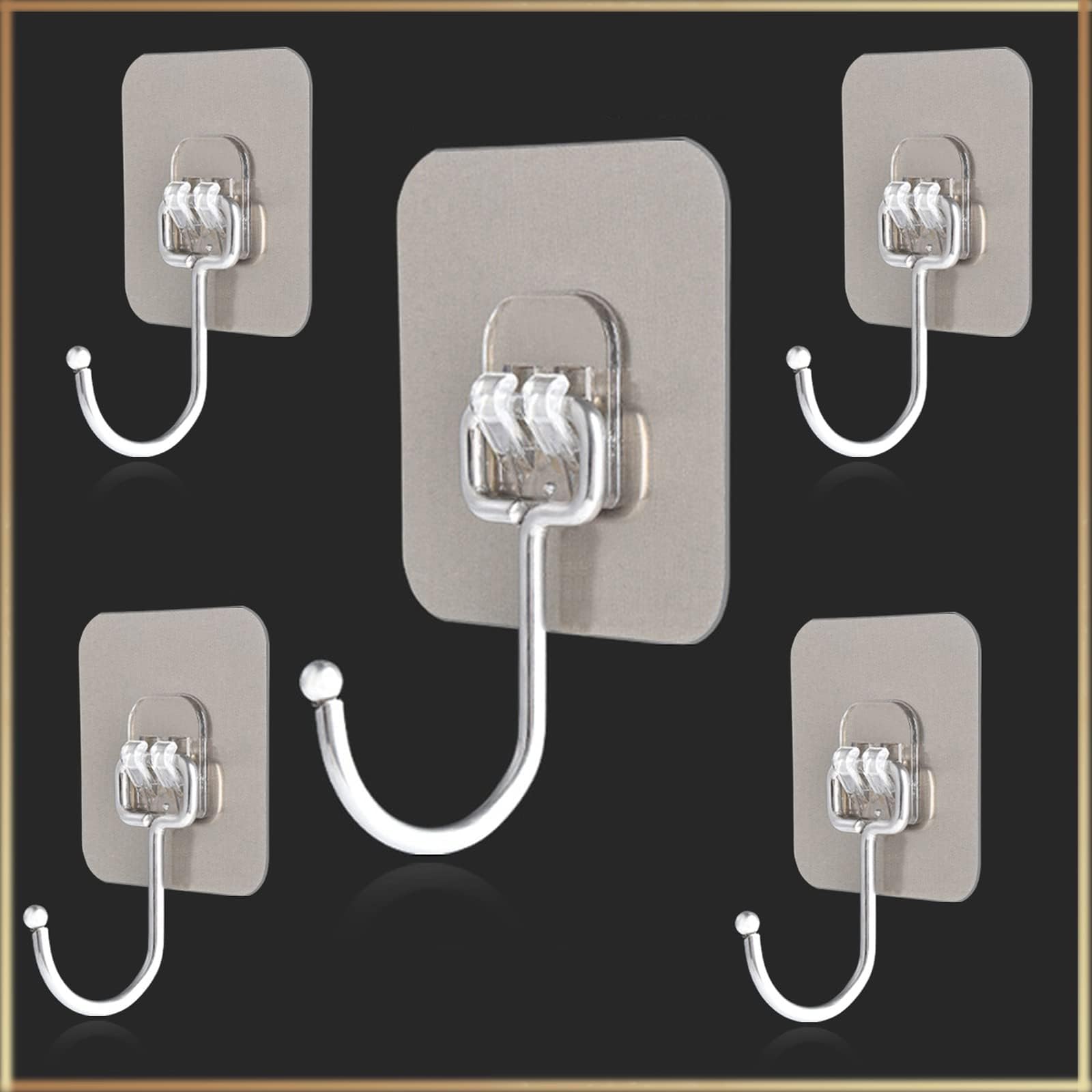 Heavy Duty Self Adhesive Wall Hooks (Pack of 5) | Waterproof PVC Sticky Hooks Stainless Steel Big Hooks for Home Storage Bathroom Kitchen | Silver Multipurpose 10KG Capacity