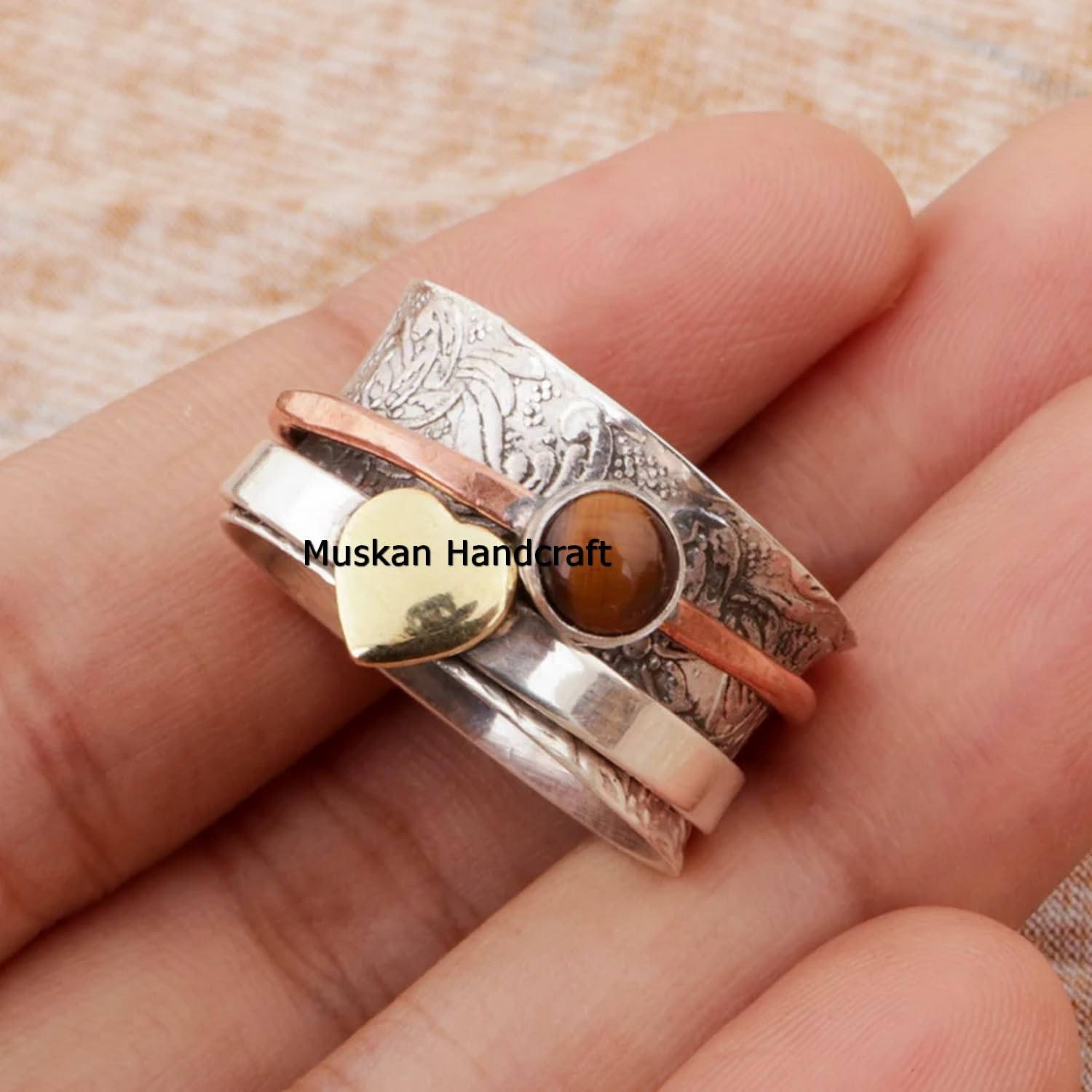 Tiger Eye Round Gemstone Three Tone Unique Spinner Ring, Pure 925 Sterling Silver Filigree Design Heart Spinner Ring For Women, Gift For Girlfriend, Gift For Love