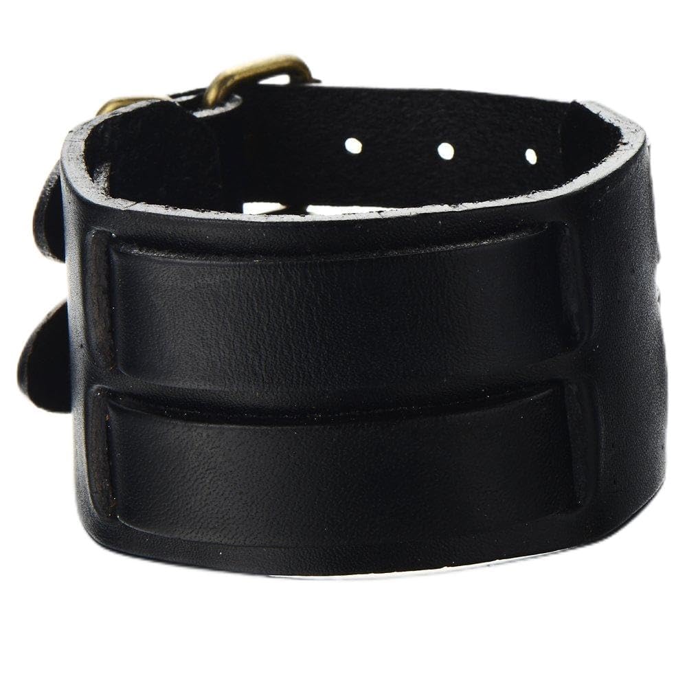 COOLSTEELANDBEYOND Negro Pulsera Cuero Ancha, Pulsera de Hombre, Cuero Genuino Negro, con Dos Hebillas