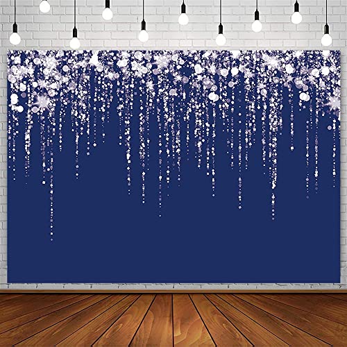 AIBIIN 8x6ft Navy Blue Silver Glitter Backdrop Birthday Party Decorations Supplies Wedding Prom Bokeh Shiny Spots Photography Background Bridal Shower Banner Photo Booth Studio Props Vinyl
