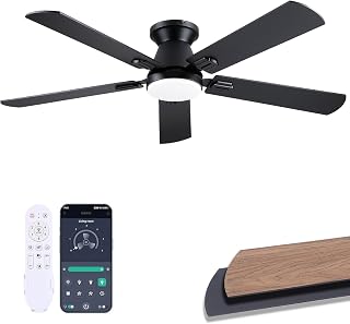Ceiling Fans with Lights, 52 inch Low Profile Ceiling Fan with Light and Remote/APP Control, Dimmable, Quiet DC Motor, Flush Mount Ceiling Fan for Bedroom Living Room, Indoor/Outdoor Use, Black