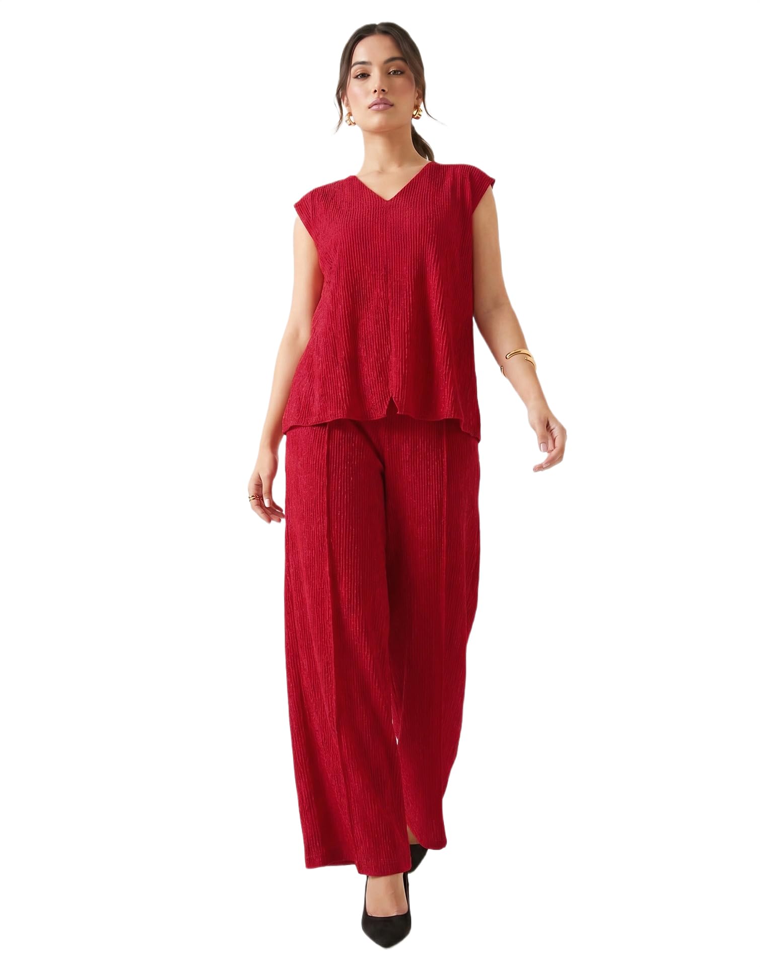 selvia Lycra Red V Neck Top and Trouser Set, Co ord Set for Women Stylish-picture-40