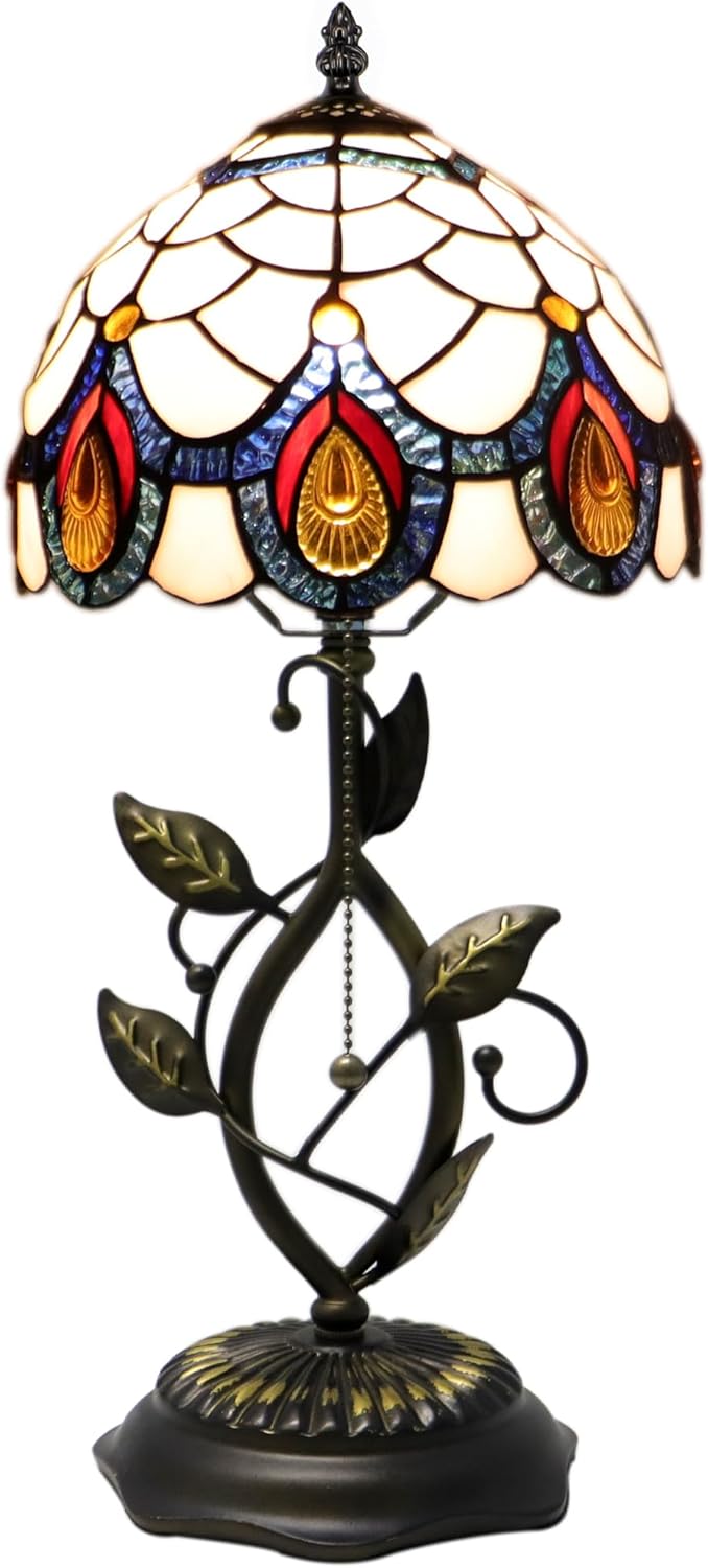Small Tiffany Lamp Light Pink Peacock Tail Style Stained Glass Table Lamps Desk Bedside Reading Light 8X8X18 Inches with Bronze Metal Leaf Resin Base