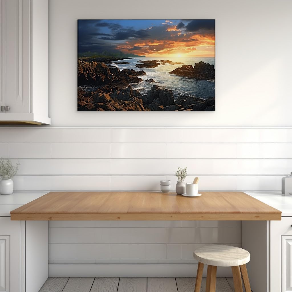 Canvas for Living room. Sunset Serenity: A Vivid Seascape Where Waves Meet Whispers of Warmth, 27 x 18 inch Canvas Wall Art - Contemporary Masterpieces - Modern Home Decor