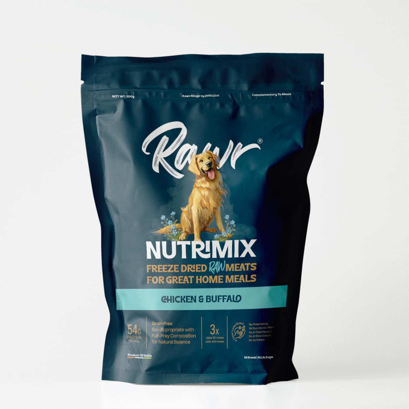 Rawr4Dogs | Nutrimix Freeze-Dried Meat Toppers | Chicken & Buffalo | for Home Cooked Meals | 54% Protein | Natural and Preservative Free | 500 GMS | Makes 1500 GMS When Mixed with Water