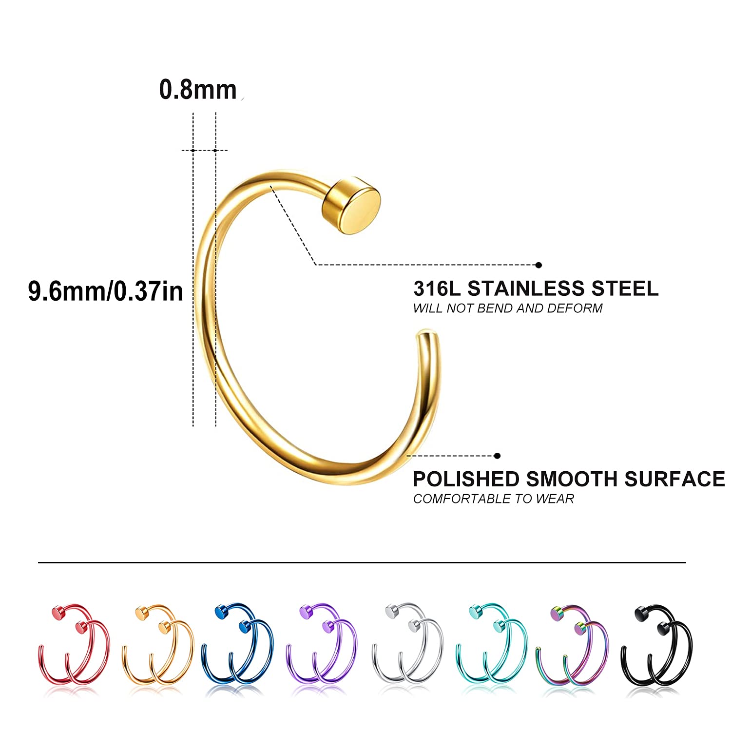 Piercing Per Naso In Acciaio Inox Con Zirconia - 8 Pezzi, 20 Gauge, Forma A L E A Vite - Foto 5