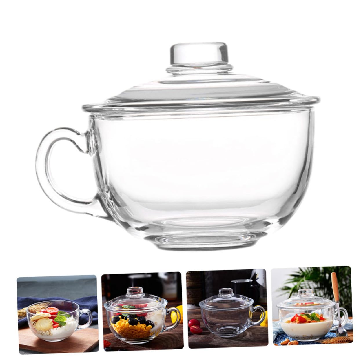 NOLITOY Bol de Vidrio con Tapa y Asa Cuenco Transparente para Desayuno Ensalada y Postres Recipiente Doméstico Resistente y Fácil de Limpiar para Uso Diario