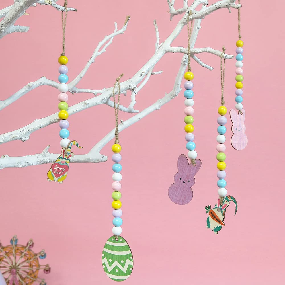 MCPINKY Easter Wood Bead Decor, 9 PCS Easter Hanging Ornaments with Rabbit Easter Egg and Dwarf Tag for Holiday Party Rustic Farmhouse Country Easter Party