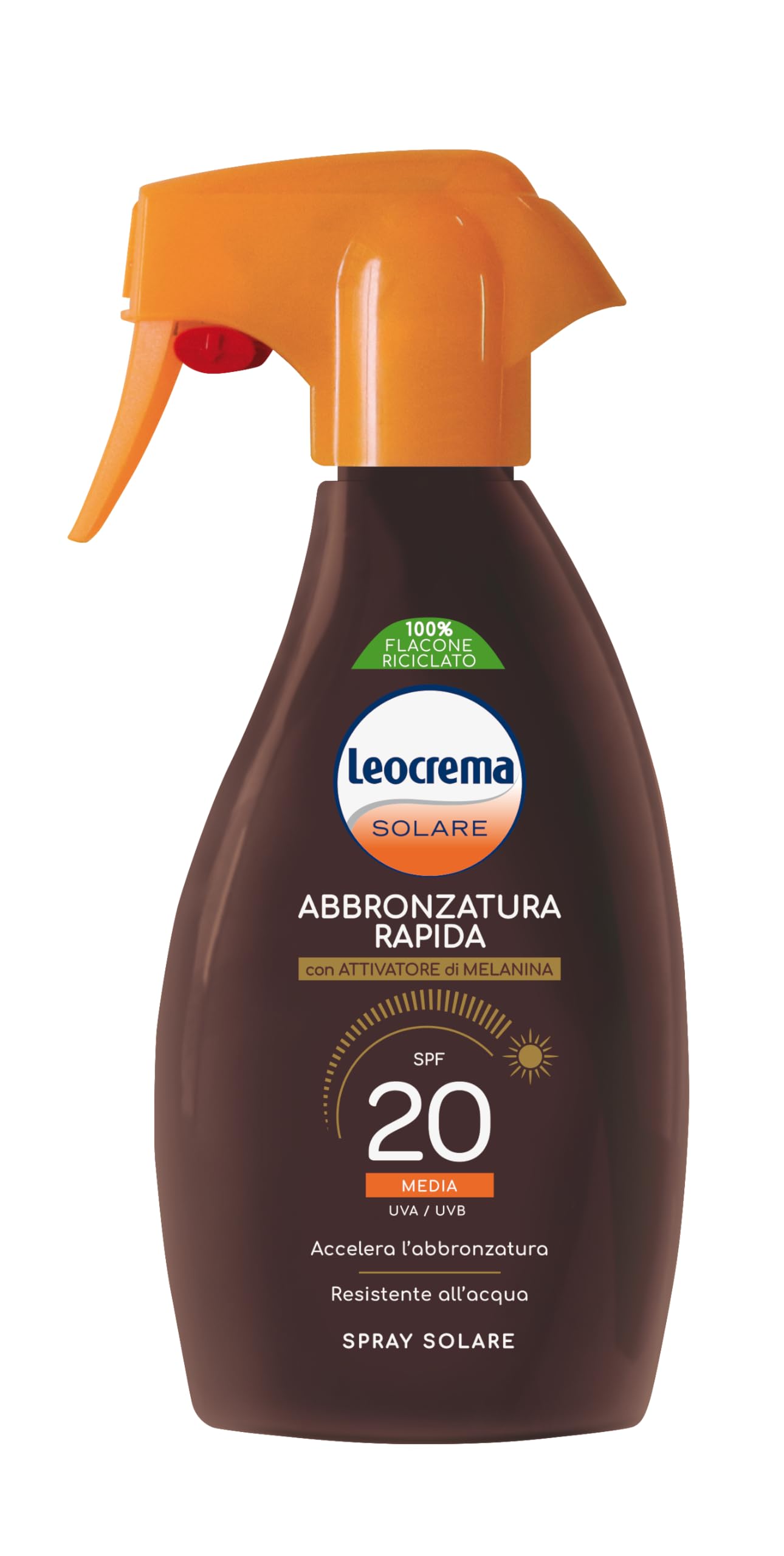 Leocrema - Crema Solare Abbronzante Spray SPF 20, Con Attivatore di Melanina, Assorbimento Rapido e Resistente all'Acqua, 250ml