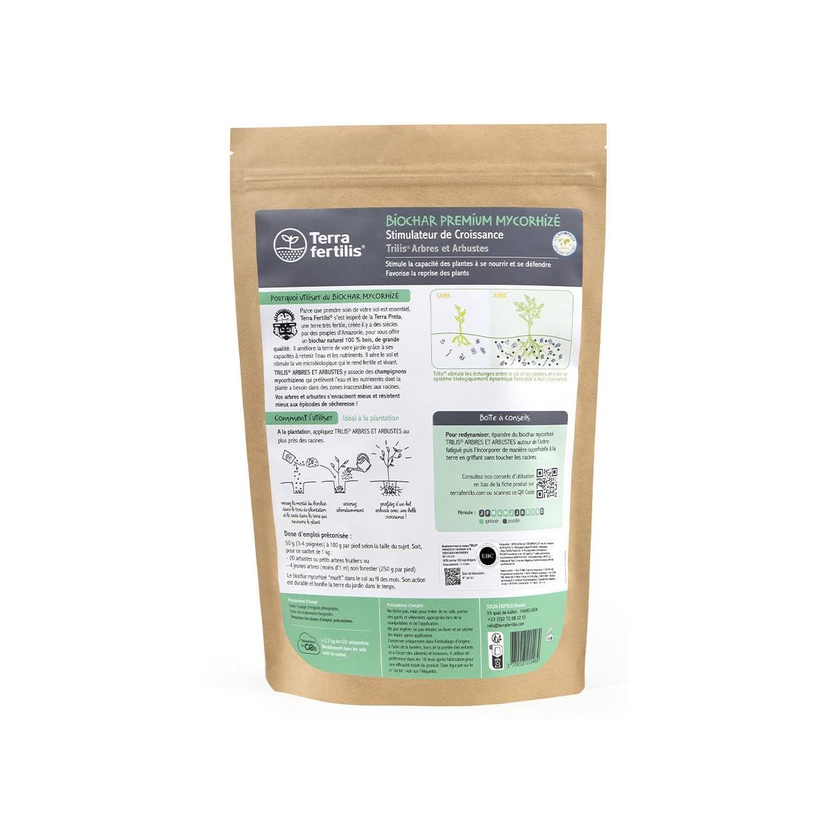 Terra Fertilis - Fertilisant pour Arbres & Arbustes - à base de Biochar Mycorhizé - Améliore la croissance et la résistance des plantes - Retient l'eau et les nutriments - Sac 1kg