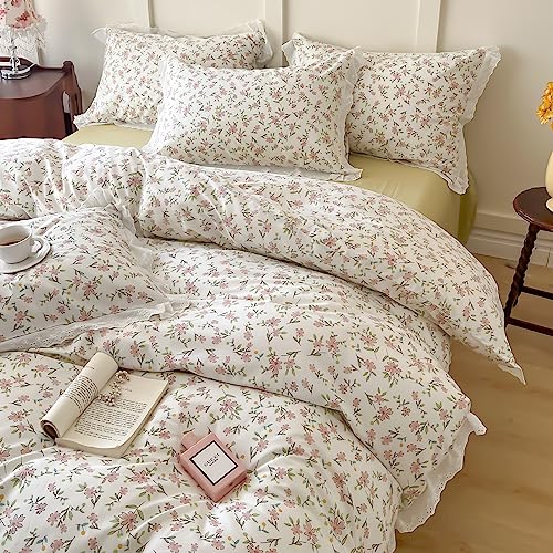 Image of VM VOUGEMARKET Girls Lace Bedding Pink Flower Duvet Cover Set Queen