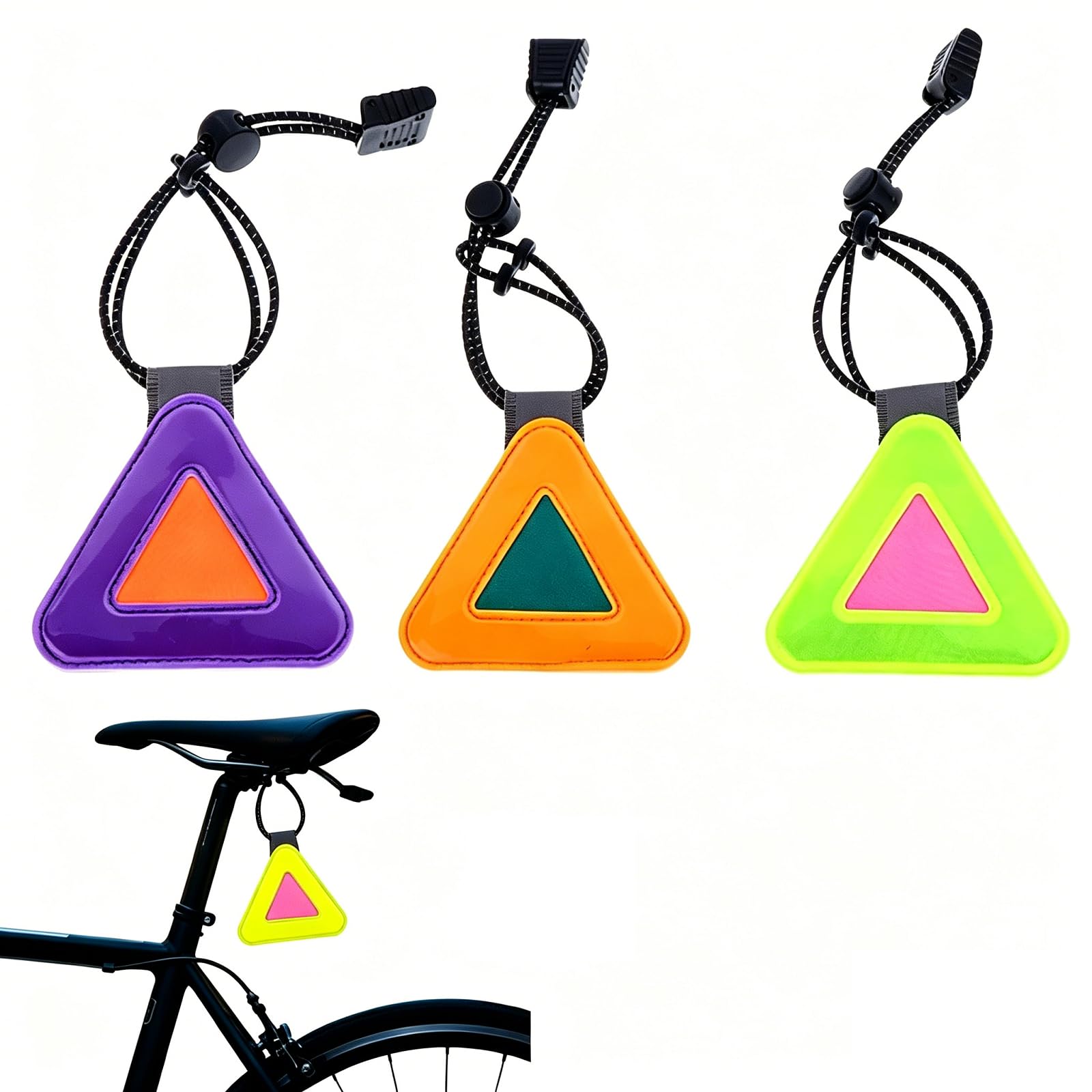 3 Pcs Bike Reflective Signs Waterproof Reflective Triangle Symbol for Saddle or Frame Night Cycling Safety Reflectors with Elastic Strap Hanging Triangle Warning Sign for Bicycle Backpack Pendant