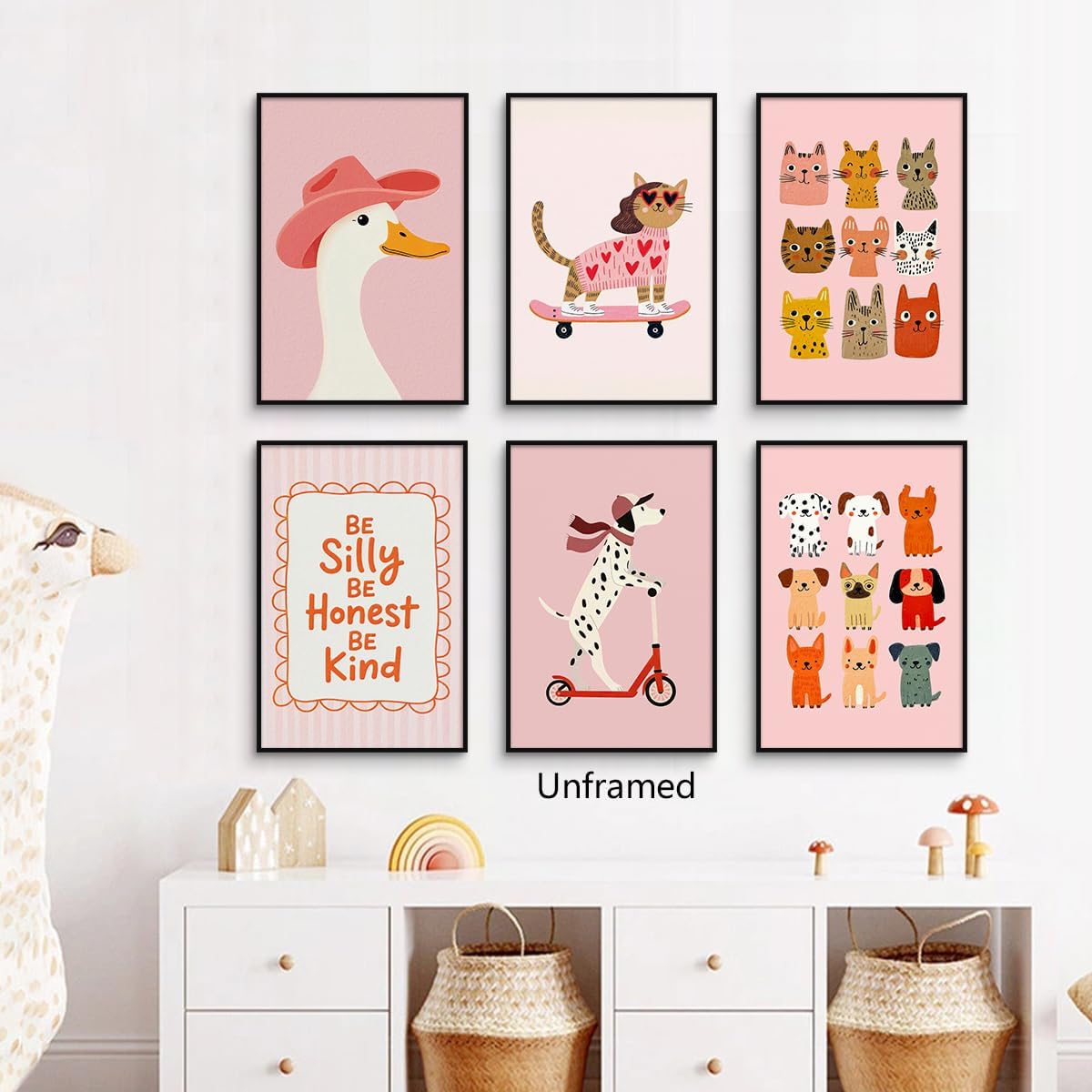 6pcs Pink Nursery Animal Canvas Wall Art, Cute Dog and Cat Poster for Kids Room, Warming Be Silly Be Honest Be Kind Quote Print, Girly Bedroom Chic Goose with Pink Hat Picture 12x16in Unframed
