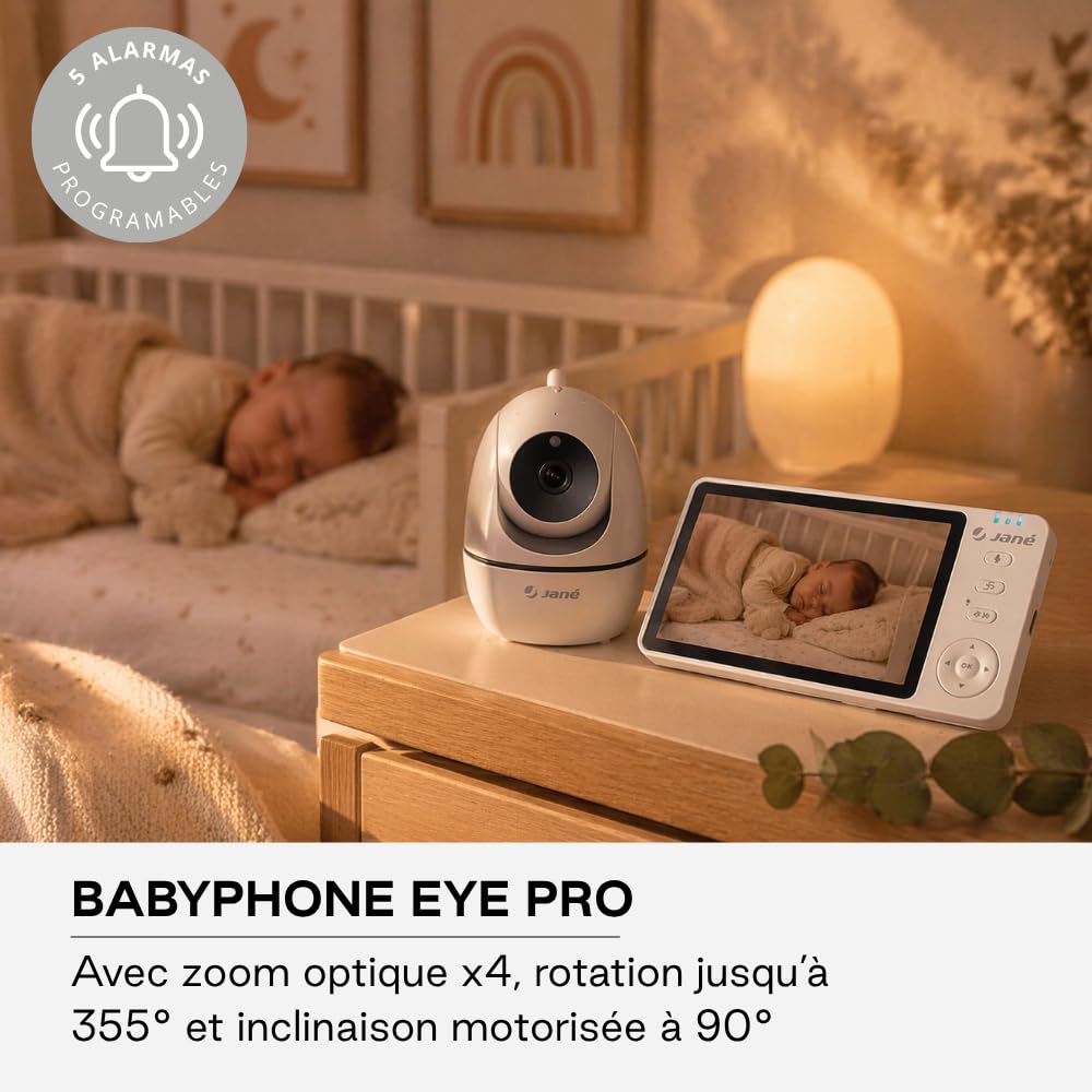Jané Eye Pro Baby Monitor, Baby Monitor avec Caméra Rotative, Inclinaison Motorisée, Écran 5", Audio Bidirectionnel, Vision Nocturne, Longue Portée, avec Musique