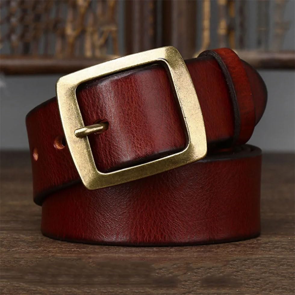 Men Solid Leather Brass Pin Buckle Retro Belt Solid Casual Jeans 3.8cm Wide Belt3