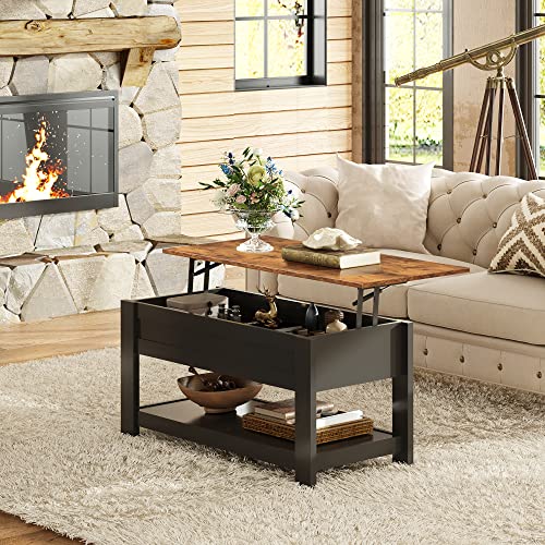 Image of WLIVE Coffee Table, 39 inch Lift Top Coffee Table with Hidden Compartment and Storage Shelf for Living Room, Rustic Brown