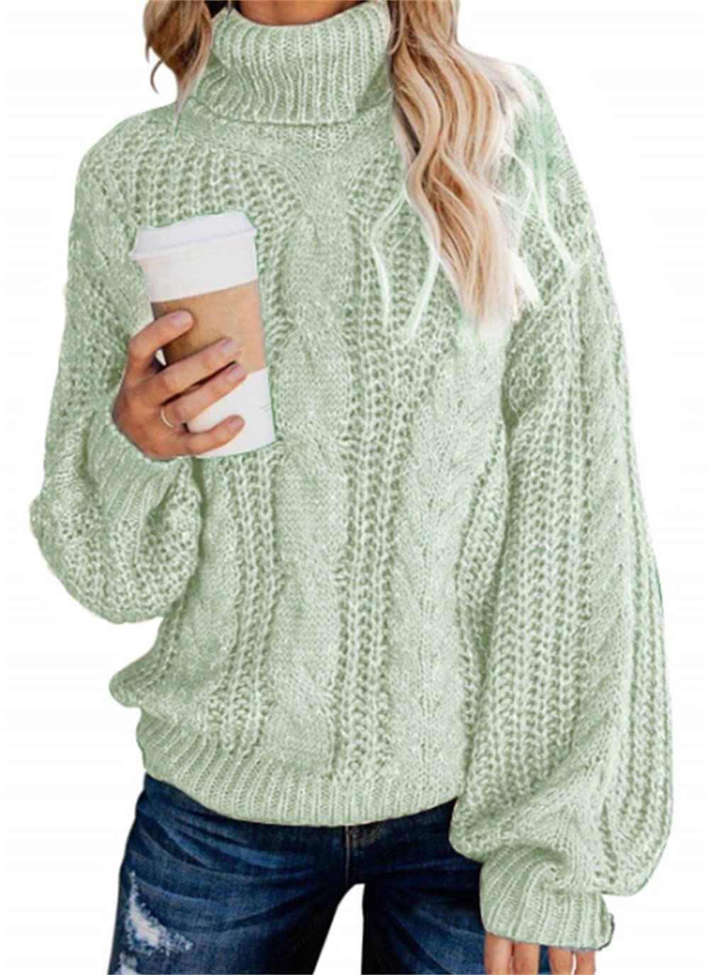 Maglione da Donna a Maniche Lunghe Dolcevita Maglione Invernale Tinta Unita Ampio Morbido Comodo Pullover in Maglia a trecce Top Larghi (Color : Light Green, Size : XX-Large)