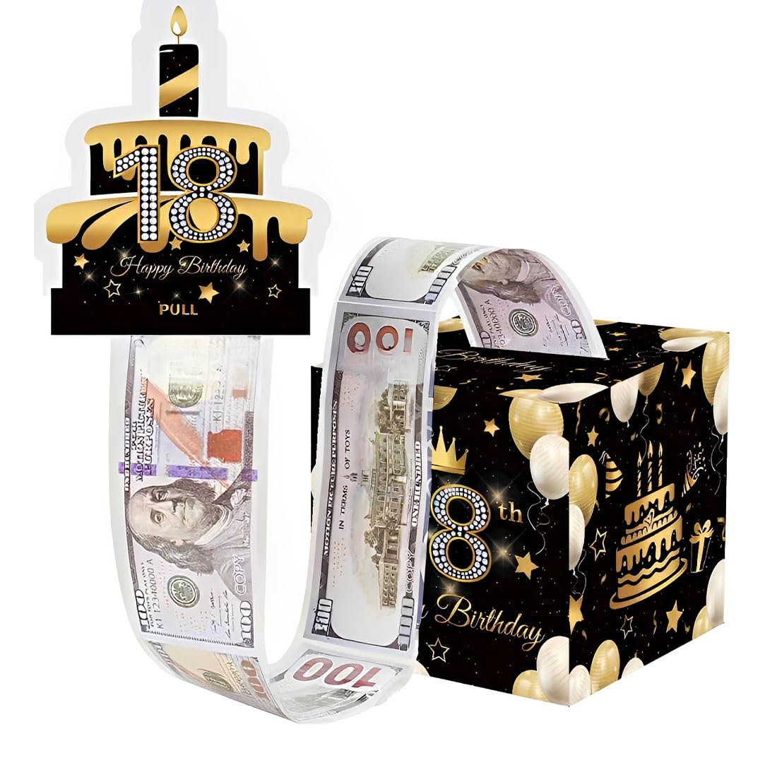 Hucha de Dinero para Cumpleaños 18, Caja de Regalo Efectivo, Negro y Dorado