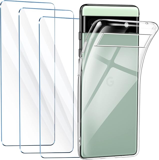 FLLAO Clear Case Compatible with Google Pixel 6A Case with 3 Tempered Glass Screen Protector, Soft Bumper Anti-Scratch Silicone Phone Case Cover Transparent