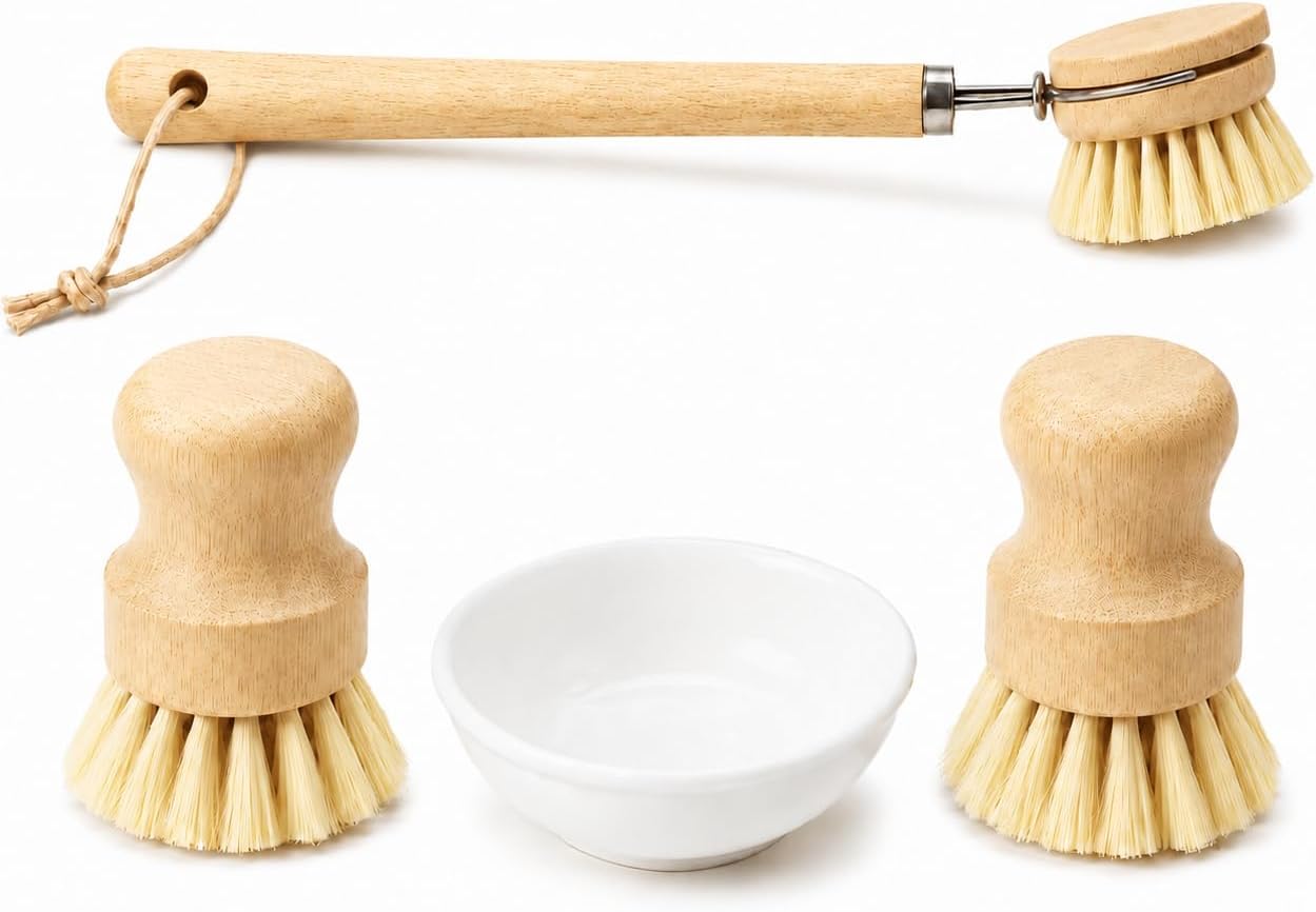 4-Piece Dish Brush Set with Ceramic Holder, Natural Bristles