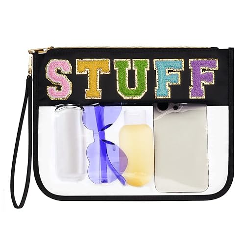 Miniatura 9 de Bolsa de cosméticos de nailon con parche de letras universitarias de chenilla, organizador de bolsas de viaje para el cuidado de la piel para