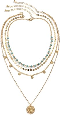 Gold Layered Turquoise Necklace for Women Bohemian Layered Charm Chain Choker Necklaces Summer Jewelry Gifts