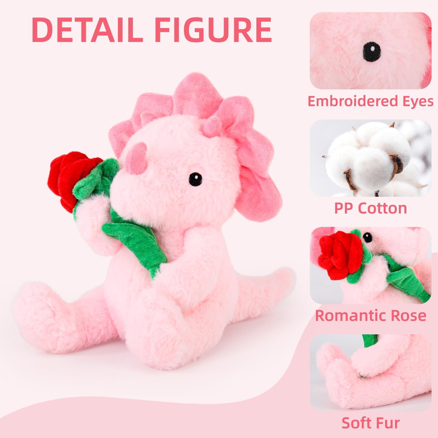 Valentines Day Gifts for Kids Her Girlfriend, Pink Dinosaur Stuffed Animal with Rose, Soft Triceratops Stuffed Toy for Girls, Cute Dinosaur Plush, Birthday to Show Love